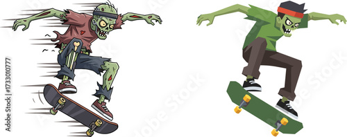 Cool zombie skateboarder cartoon illustration, undead skater character performing tricks, creepy horror monster with skateboard, funny spooky halloween sports artwork