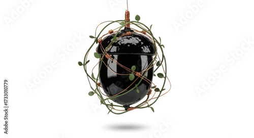 Artistic depiction of a black acorn ornament with vines and copper accents on white