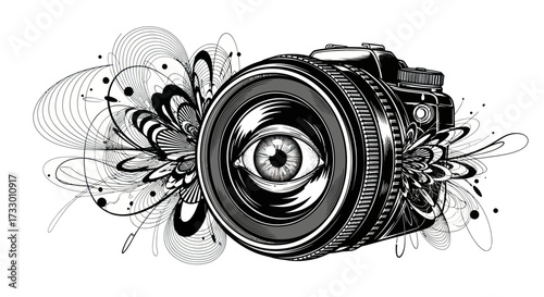 Camera lens with eye illustration surrounded by abstract floral designs photography