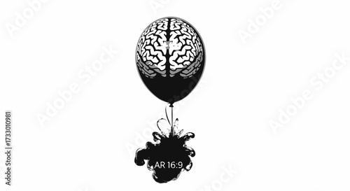 Conceptual brain balloon drifting with a dissolving ink cloud in monochrome illustration