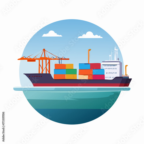 Illustration of a shipping port with cargo containers being loaded onto a vessel by a crane under clear skies.