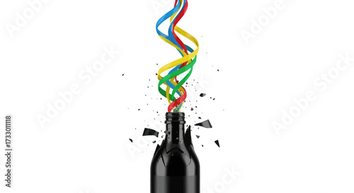Creative burst from broken glass bottle, vibrant ribbons dancing in the air isolated
