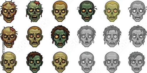 Creepy zombie cartoon faces, horror undead characters, spooky skull heads illustration, scary monster expressions, Halloween walking dead vector art