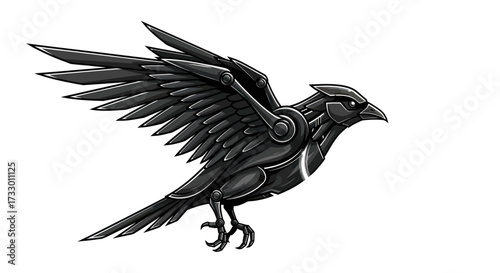 Cybernetic Raven: A stylized illustration of a mechanical bird in flight against a white background