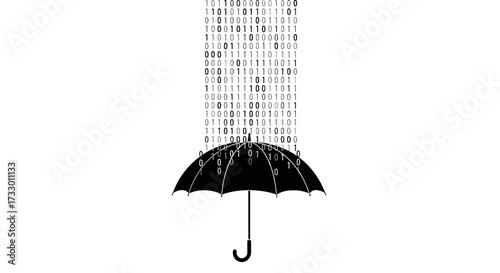 Cybersecurity concept illustrating data protection with umbrella against binary code rain