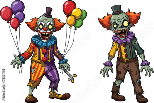 Creepy zombie clown illustration, scary undead carnival character, horror clown with balloons, spooky Halloween design, evil monster artwork, circus nightmare