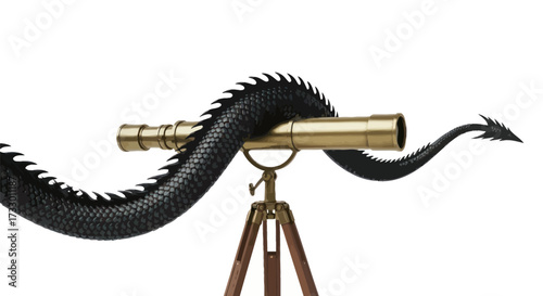 Dragon observation with golden telescope on tripod artistic surreal composition