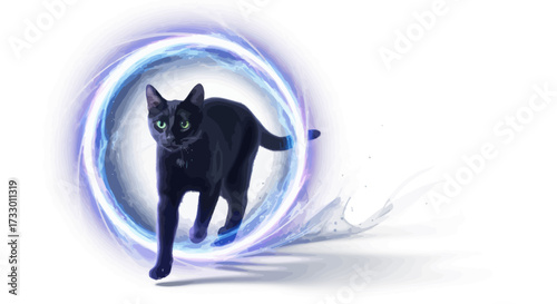 Elegant black cat gracefully emerging from a mystical glowing portal of ethereal energy