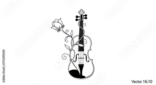 Elegant minimalist design showcasing a violin intertwined with a blooming rose vine sketch