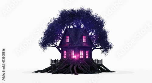 Enchanted Treehouse: A whimsical dwelling nestled within the embrace of ancient roots