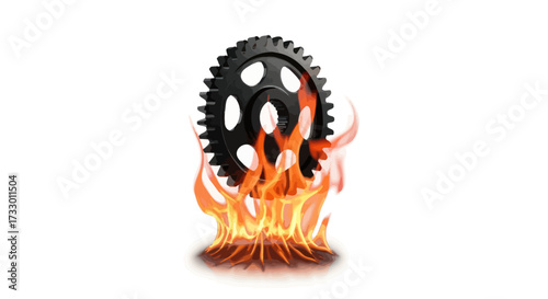 Fiery drive gear against a neutral backdrop symbolizing mechanical intensity and burning performance