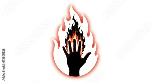 Fiery human hand emblem design conveying power intensity and hotness visually