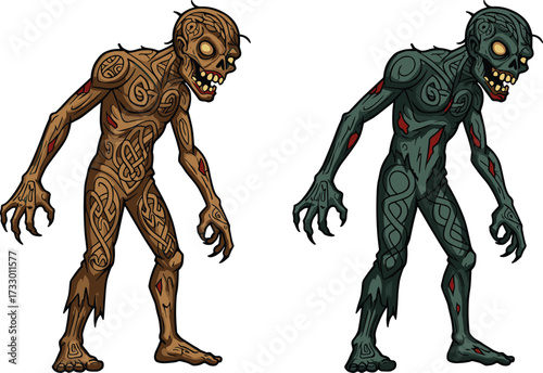 Creepy zombie illustration, undead monster with tribal tattoos, horror walking dead character, scary cartoon style, fantasy undead design for Halloween