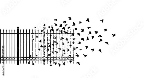Freedom's flight: A silhouette of birds escaping a rustic gate to embrace the open sky