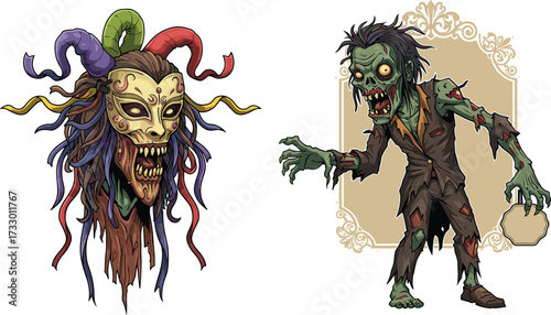Creepy zombie with demonic mask, scary undead monster with horror costume, spooky Halloween character design, cartoon vector illustration for dark fantasy
