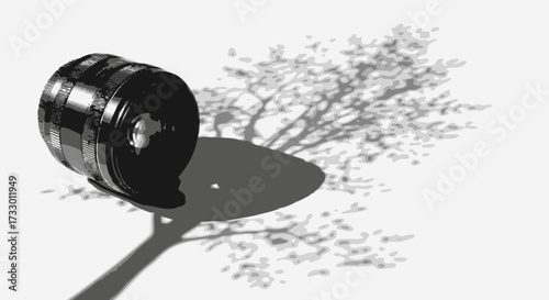 Lens casting a tree-like shadow embodying photography's capture of nature's essence