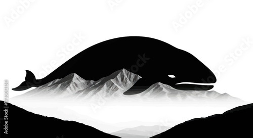 Monochromatic depiction of a whale silhouette resting peacefully atop mountain peaks