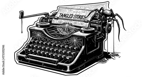 Monochromatic illustration showcasing a vintage typewriter covered in spiderwebs with an ominous