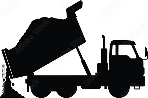 Silhouette dump truck unloading soil construction site industrial vehicle heavy machinery vector