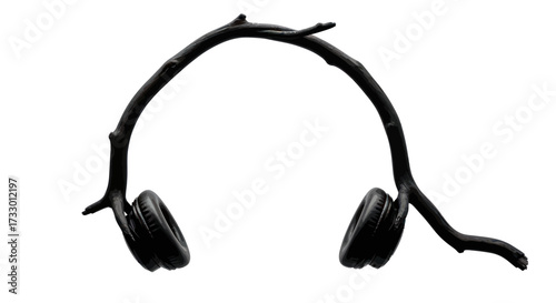 Monochrome conceptual image of headphones made from tree branches, surreal audio experience