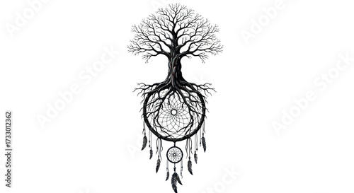Monochrome tree of life illustration intertwining with a detailed dreamcatcher design