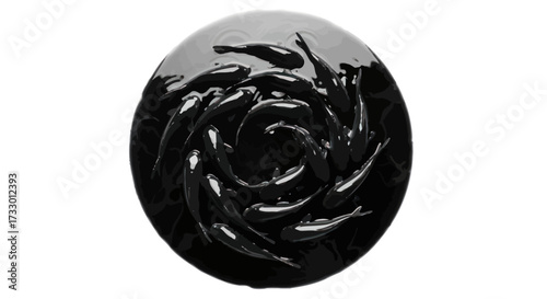 Monochrome vortex of swirling koi fish in a glossy circular composition rendering