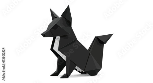 Origami fox in dark paper with clean geometric shapes demonstrating the art of folding