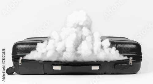 Overstuffed travel suitcase with contents bursting out in a cloud of fluffy material