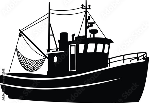 Silhouette fishing trawler boat illustration sea vessel marine transportation maritime industry ocean exploration vector