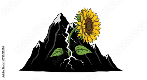 Resilience and Growth: A Sunflower Blooming Through a Cracked Mountain Landscape