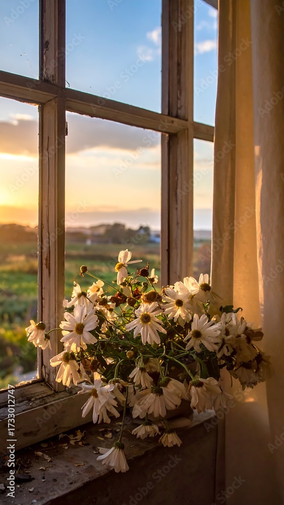 Fototapeta premium Sunset view from a window with flowers