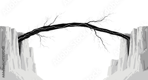 Silhouette of a lone tree spanning a chasm artistic black and white minimalist landscape