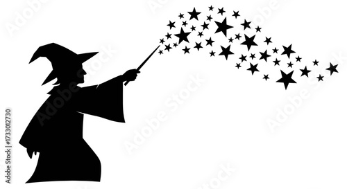 Silhouette of a wizard casting a spell with stars flowing from the magic wand for fantasy concepts
