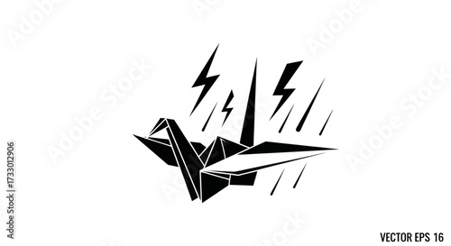Stylized origami crane amidst lightning strikes and rain, abstract vector design