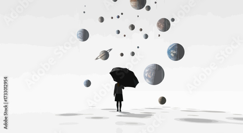 Surreal scene with planets falling like rain on a woman under an umbrella dreamlike concept