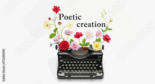 Vintage typewriter adorned with delicate floral arrangements symbolizing creative expression and