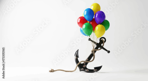 Whimsical anchor floating with vibrant balloons against a pristine white backdrop