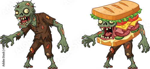 Funny zombie character with sandwich costume, creepy undead monster illustration, scary cartoon art, spooky Halloween design, horror food parody artwork