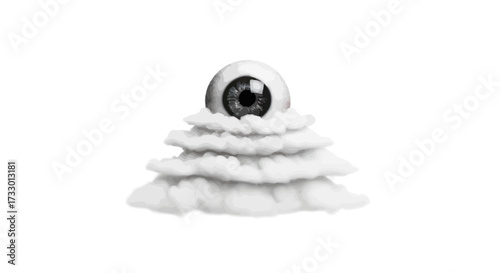 Visionary dreamscape featuring an eye perched atop a fluffy cloud formation in grayscale