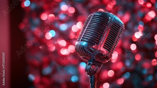 Vintage microphone against a backdrop of vibrant, out-of-focus holiday lights