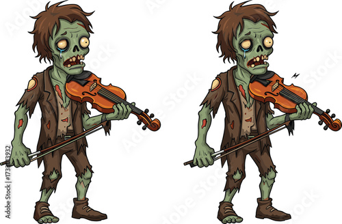 Sad zombie violinist playing instrument, creepy undead musician with violin and bow, scary Halloween cartoon character, spooky horror music illustration