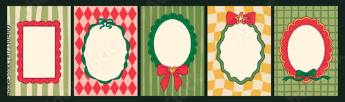 Whimsical christmas card frames. Holiday coquette templates with ornaments, vintage border decor and retro vignetting vector design set