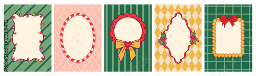 Christmas card frames with backgrund patterns. Elegant vintage borders with ribbons, bows, holly and pearls, festive vector invitation set