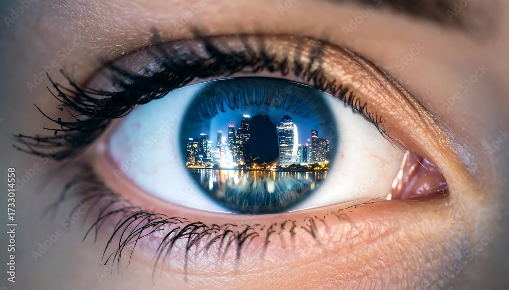 Fototapeta premium Cityscape Reflected in Blue Eye Futuristic Vision with Urban Dreams, CloseUp, and Night View.