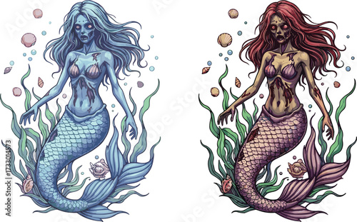 Scary zombie mermaid fantasy illustration, horror undead sea creature vector, creepy monster artwork, underwater mythology design, spooky gothic dark art