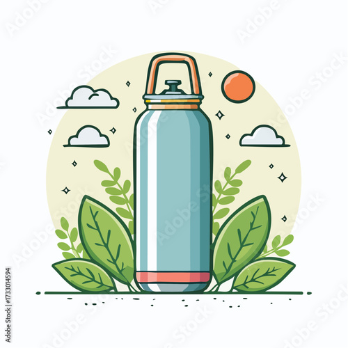 A stylized illustration of a reusable water bottle standing upright amidst lush green leaves and a bright sun, symbolizing hydration and environmental consciousness.