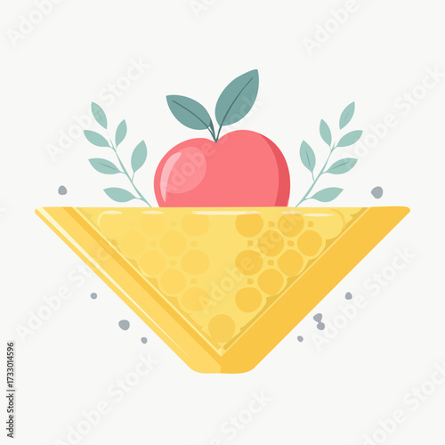 A vibrant illustration of a bright red apple resting atop a golden, triangular slice of cheese, adorned with delicate green sprigs and subtle grey speckles.
