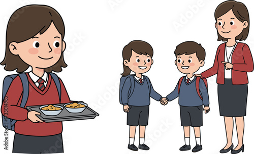 School children with teacher, student holding lunch tray, happy kids in uniform, education illustration, classroom learning, friendship and guidance