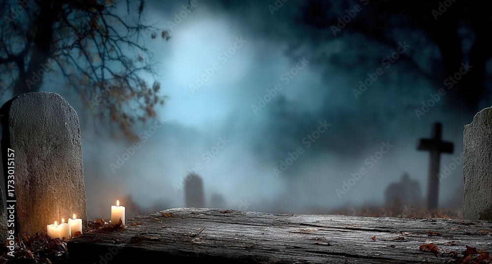 Fototapeta premium Graveyard on a dark, foggy night with flickering candles, creating a creepy, mysterious, and Halloween atmosphere