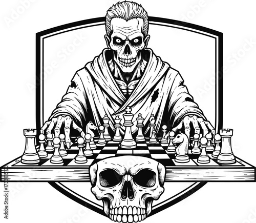 Skull faced grim reaper playing chess, dark horror illustration, skeleton strategy game artwork, gothic death character with chessboard, spooky fantasy drawing